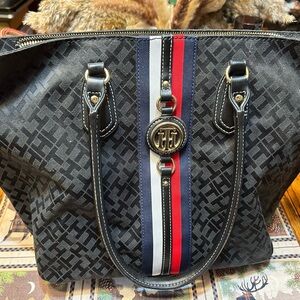 Tommy Hilfiger Black Tote with Red and Blue Stripes